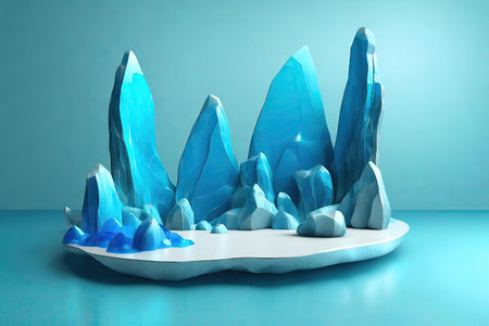 Blue rocks on a blue background and white rock podiumの素材