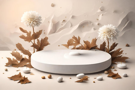 White podium for product presentation with autumn leaves and stonesの素材