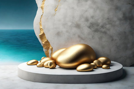 Gray rock podium with golden stones and sea backgroundの素材