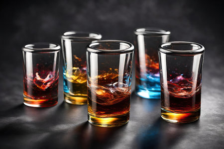 Glasses of whiskey with ice cubes on black background. Alcoholic drinksの素材