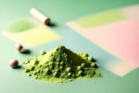 Matcha powder with matcha balls on color background, closeupの素材