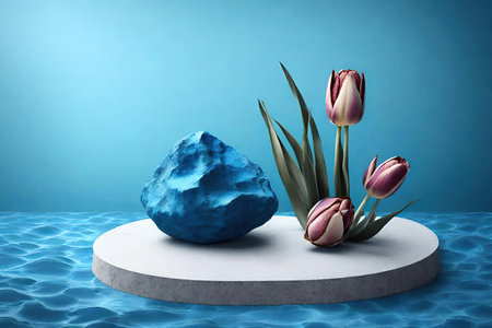 Podium with tulips on a blue background with a blue calcite stone.の素材
