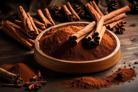 Cinnamon sticks and powder on wooden background. selective focus.の素材