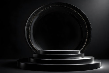 Black round podium on black background. Award ceremony conceptの素材