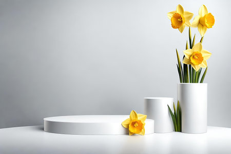White podium with daffodils on gray backgroundの素材