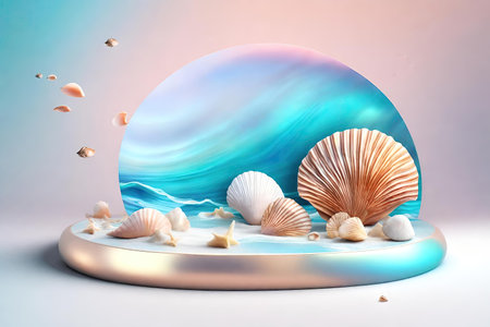 Round iridescent podium and seashells and pink backgroundの素材