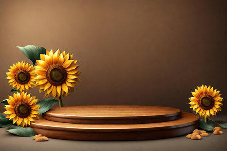 Wooden podium with sunflowers on brown backgroundの素材
