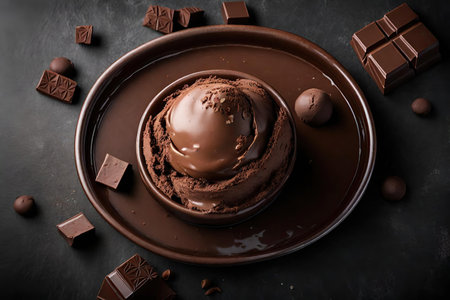 Chocolate ice cream in bowl with chocolate candies on dark backgroundの素材