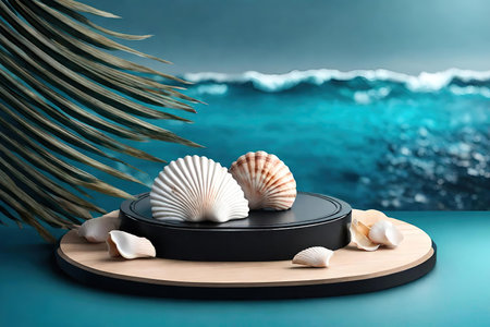 Black podium with seashells on blue backgroundの素材
