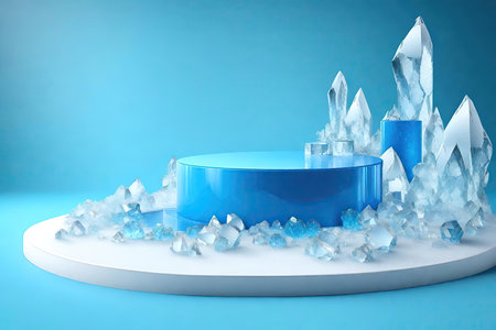 Blue glass podium and ice crystals on blue backgroundの素材