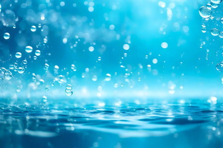 The texture of the water surface is clear and calm with a transparent blue color that appears blurry and de-focused. There are small splashes and bubbles with trendy abstract designs. In the sunlight, water waves can be seen with some space for text or copy. This is a beautiful nature backgroundの素材