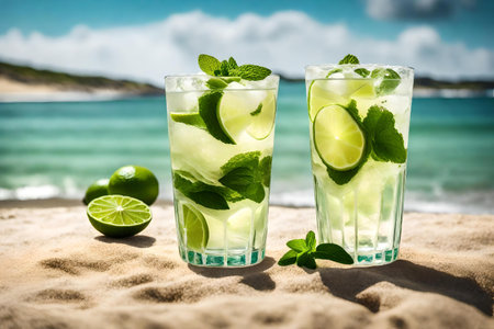 A highball glass filled with Mojito cocktail infused with lime and mint sitting on a beach backdrop with ample space for additional contentの素材