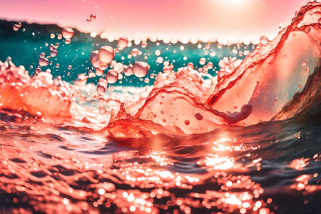 A trendy, abstract summer nature background featuring a closeup of calm, coral-colored waves in sunlight. The pink, transparent, clear water surface texture is adorned with splashes and bubblesの素材