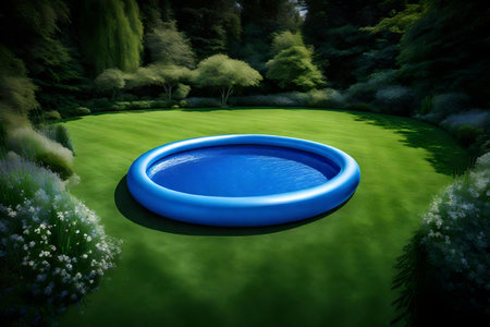 A swimming circular pool made of blue inflatable material sits on a lush green lawnの素材