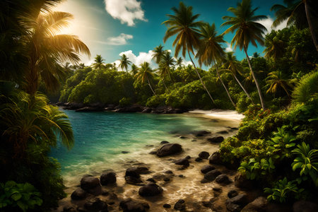 A tropical coastal setting during summertimeの素材