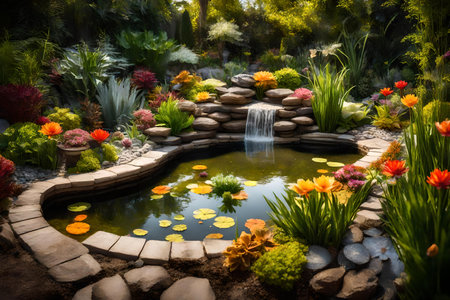 Decorating a small pond in the backyard with artificial aquatic plants and border decorations to create an attractive feature in the garden during the summer seasonの素材