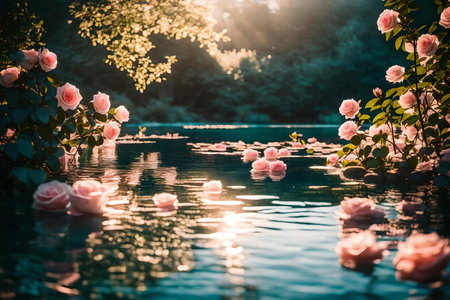 The setting depicts a picturesque summer landscape with delicate pink roses immersed in water. The radiating sunlight gives way to soft shadows. The ambiance consoles in the leastの素材