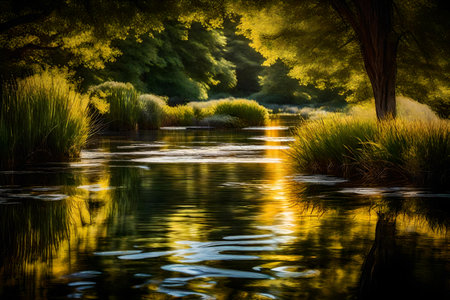 On a gorgeous day with the sun shining bright, the water at the summer retreat is gently disturbed, creating rippling patternsの素材