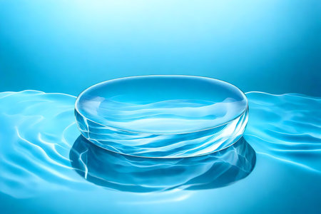A clear circular podium made of glass is floating on a blue translucent water surface with gentle waves reflecting the sunlight. This abstract natural background is perfect for showcasing products. A flat lay cosmetic mockup is also available, along with ample space for copyの素材