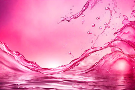 The abstract background of the summer banner showcases a translucent pink water surface that contains ripples, splashes, and bubbles. The water waves are illuminated by sunlight, creating an overall transparent effect. There is ample space for inserting text in the image. The banner also features cosmetics such as moisturizer, micellar toner, and emulsionの素材