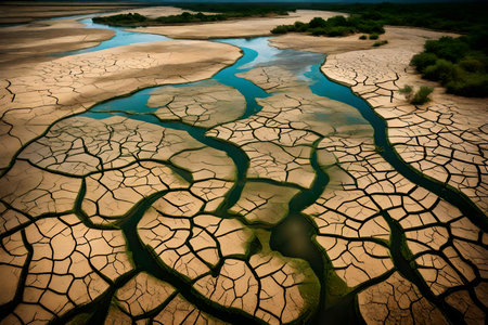 During the scorching summer season, a riverbed that has run dry reveals small puddles of remaining water and parched soil that has developed cracks. The neighboring sides of the river are occupied by verdant forests and dense reed thickets while the river itself is devoid of water due to the droughtの素材