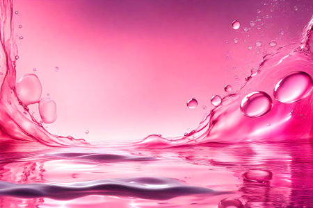The abstract background of the summer banner showcases a translucent pink water surface that contains ripples, splashes, and bubbles. The water waves are illuminated by sunlight, creating an overall transparent effect. There is ample space for inserting text in the image. The banner also features cosmetics such as moisturizer, micellar toner, and emulsionの素材