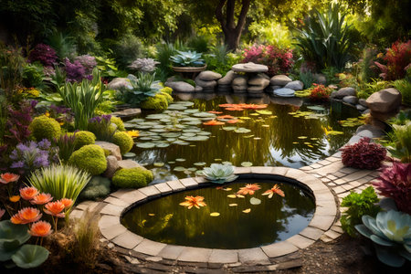 Decorating a small pond in the backyard with artificial aquatic plants and border decorations to create an attractive feature in the garden during the summer seasonの素材