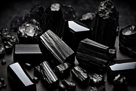 Black tourmaline mineral on black backgroundの素材