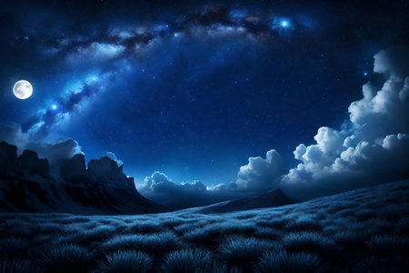 Blue night sky with moon and mountainの素材