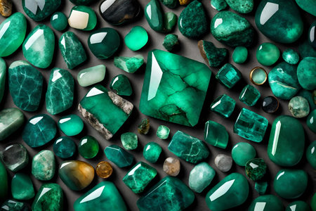 Emerald stones on gray background.の素材