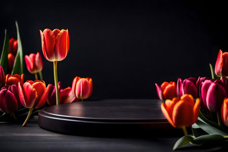 Black wood podium with tulips and dark backgroundの素材