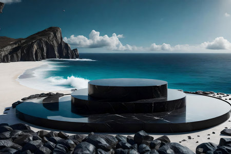 Black stone podium with beach backgroundの素材