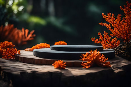 Black wood podium with orange corals and nature backgroundの素材