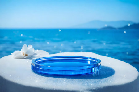 Blue glass podium on gray rock with sea backgroundの素材