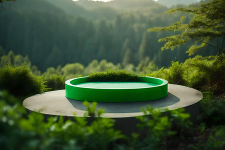 Green podium with forest scenery backgroundの素材