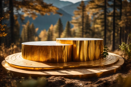 Golden wood podium with forest backgroundの素材