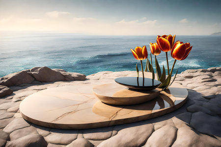 Brown stone podium with tulips and sea backgroundの素材