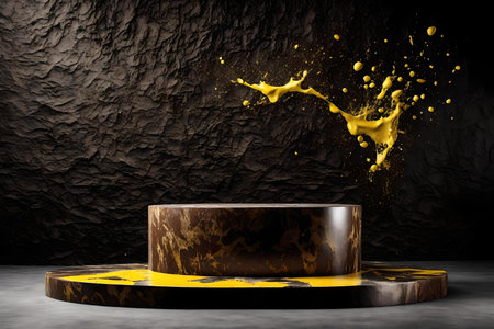 Brown stone podium with yellow paint splashの素材