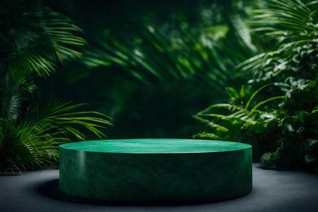 Green stone podium with tropical forest backgroundの素材