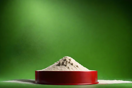 Round red podium with flour and green backgroundの素材