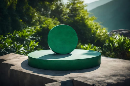 Green stone podium with forest backgroundの素材