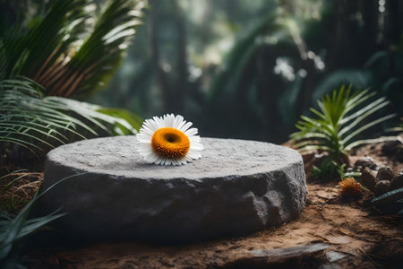Gray rock podium with daisy flower, tropical forest backgroundの素材