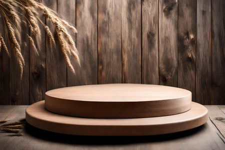 Wooden podium with buckwheat and wood backgroundの素材