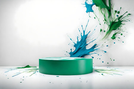 Green podium with blue and green paint splashの素材