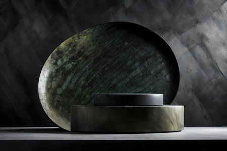Green olive color podium with gray backgroundの素材
