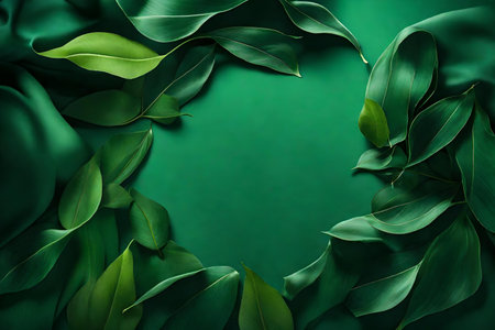 leaves green composition flat lay with free space for copy silk fabric backgroundの素材