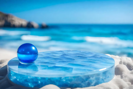 round iridescent plastic podium composition with blue calcite by the sea hyperrealistic materialsの素材