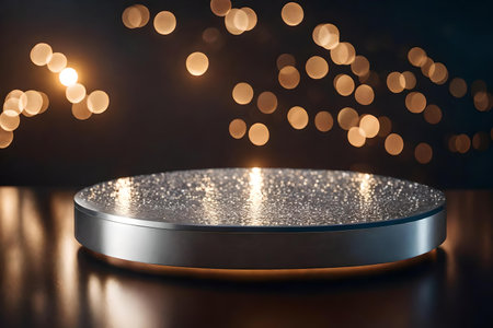 round silver wooden cosmetic podium composition with glowing ember by the sea hyperrealistic materialsの素材