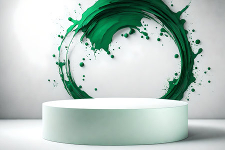 round green wooden podium background white wall with green and titanium paint splashの素材