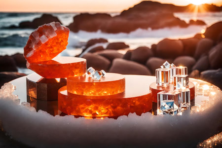 round orange stone cosmetic podium background with crystal ice by the sea hyperrealistic materialsの素材